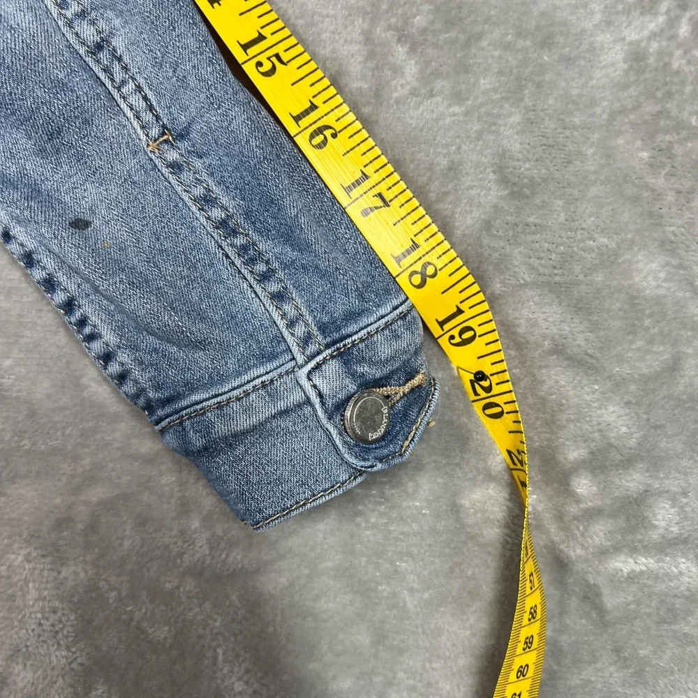 Blank NYC Cropped Blue Denim Jean Trucker Jacket Distressed Raw Hem Size S Youth